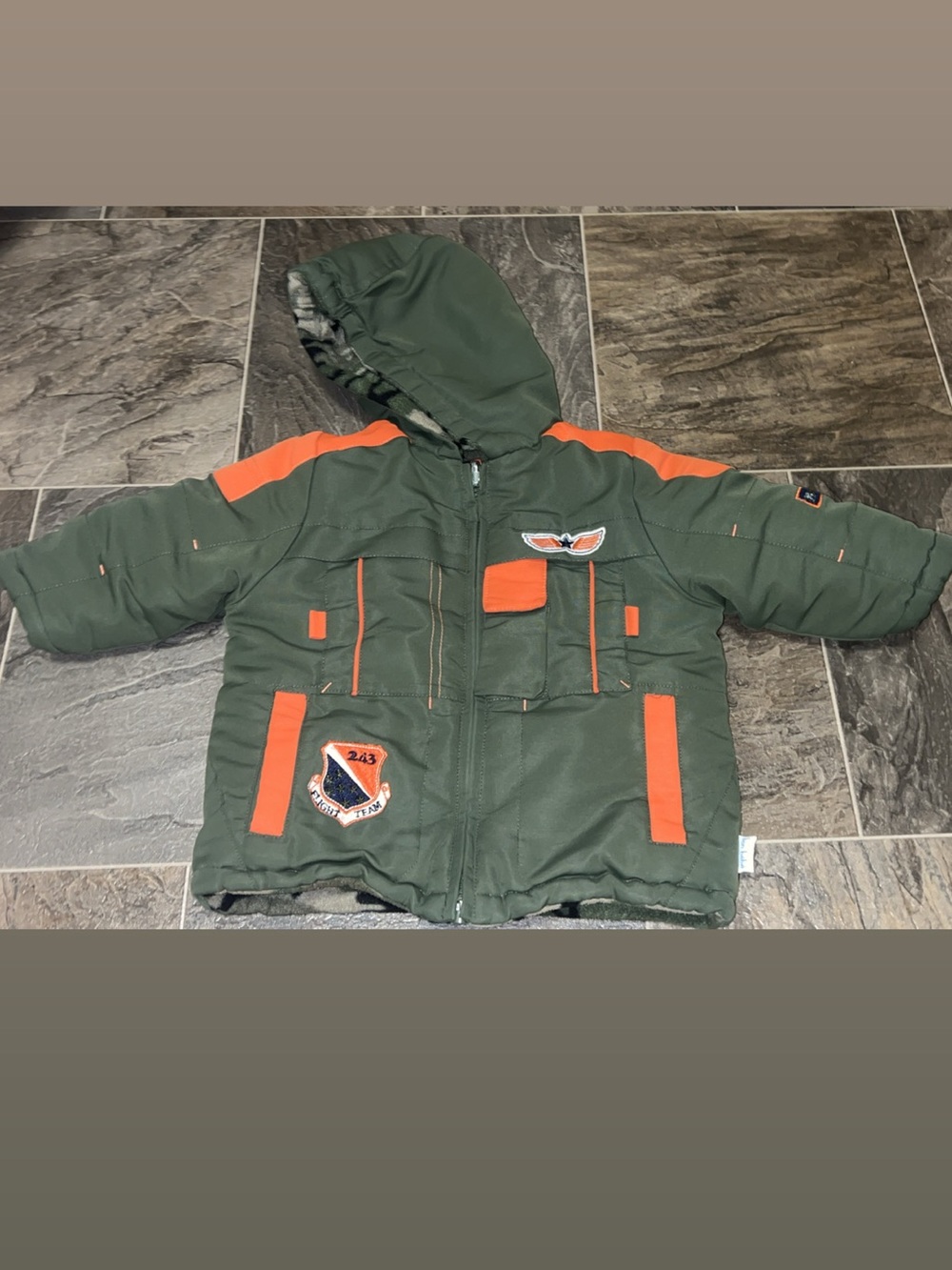 Bon Bebe Olive Green and Orange Hooded Puffer Jacket